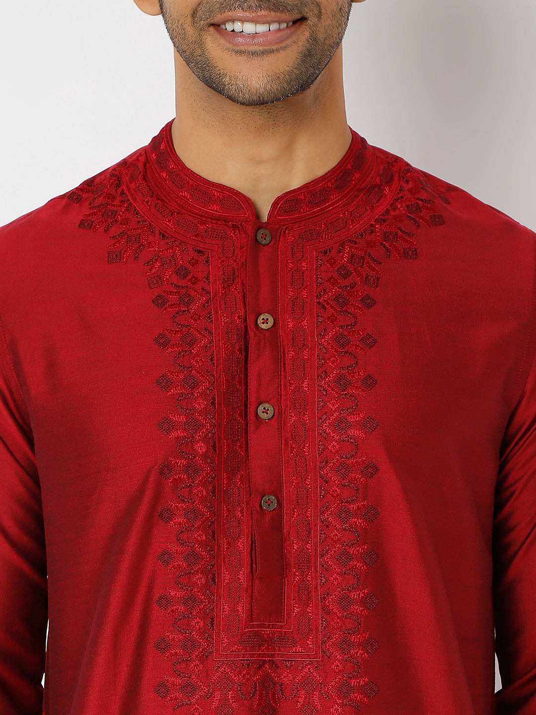 Men's Maroon Polyester Viscose Embroidered Kurta
