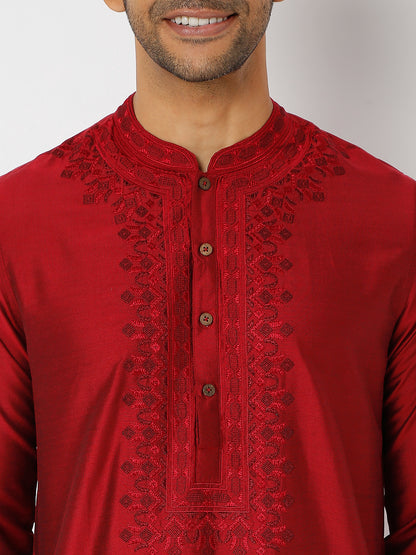 Men's Maroon Polyester Viscose Embroidered Kurta