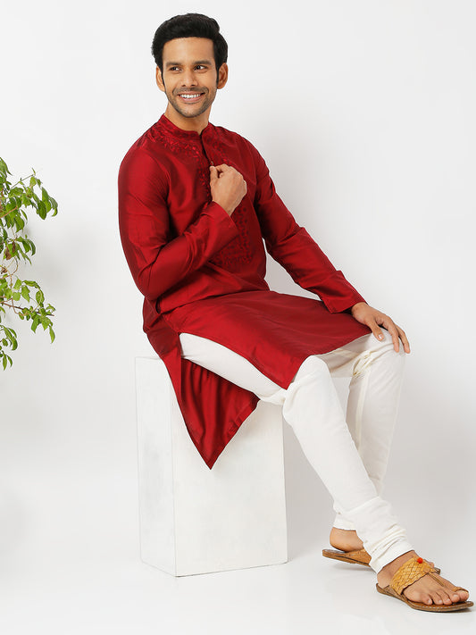 Men's Maroon Polyester Viscose Embroidered Kurta