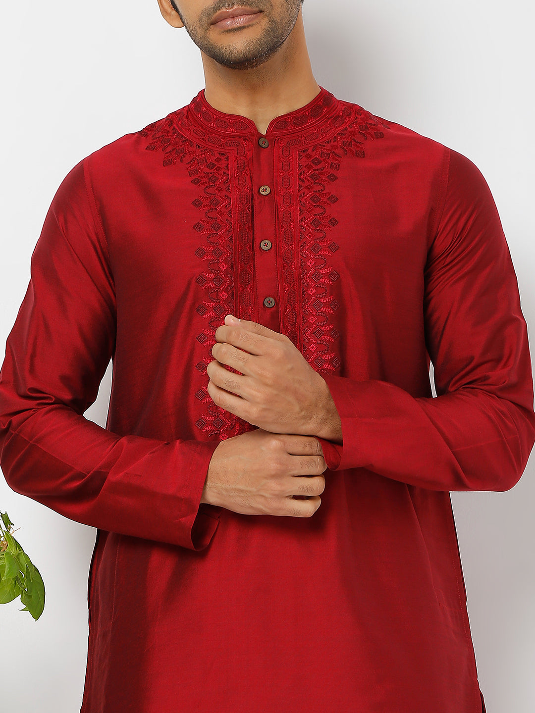 Men's Maroon Polyester Viscose Embroidered Kurta