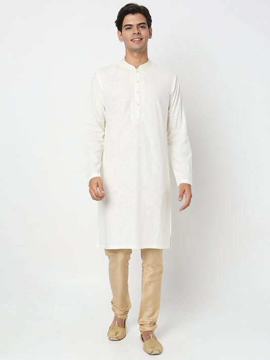 Men's Off White Cotton Slub Embroidered Kurta