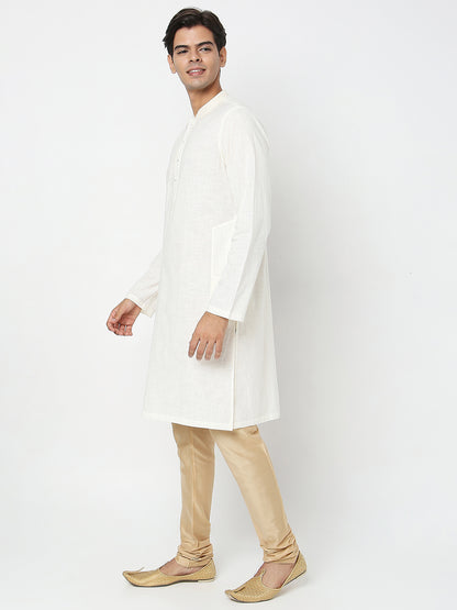 Men's Off White Cotton Slub Embroidered Kurta