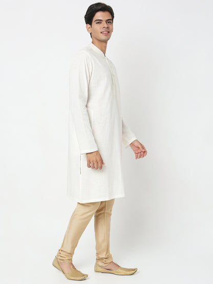Men's Off White Cotton Slub Embroidered Kurta