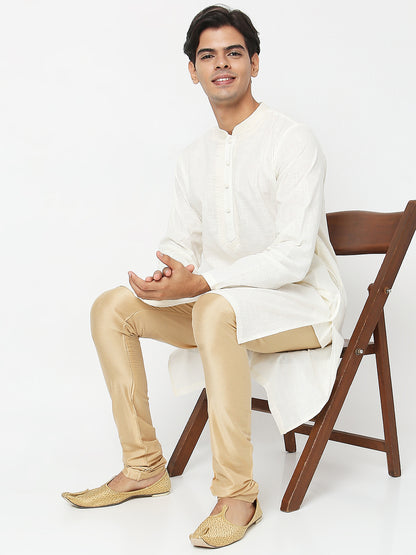 Men's Off White Cotton Slub Embroidered Kurta