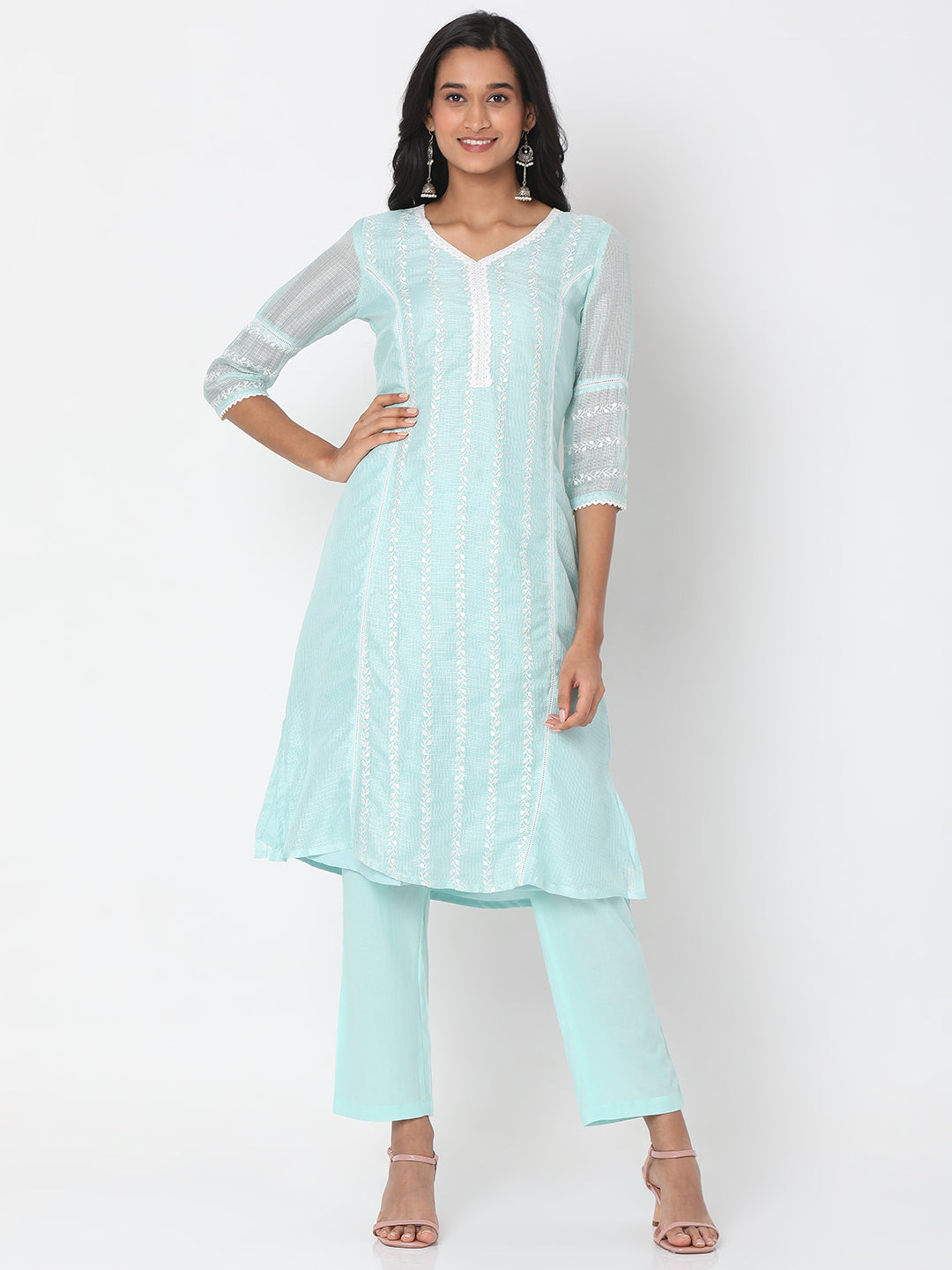 Women's Mint Green Polyester Kota Dori Embroidered Kurta