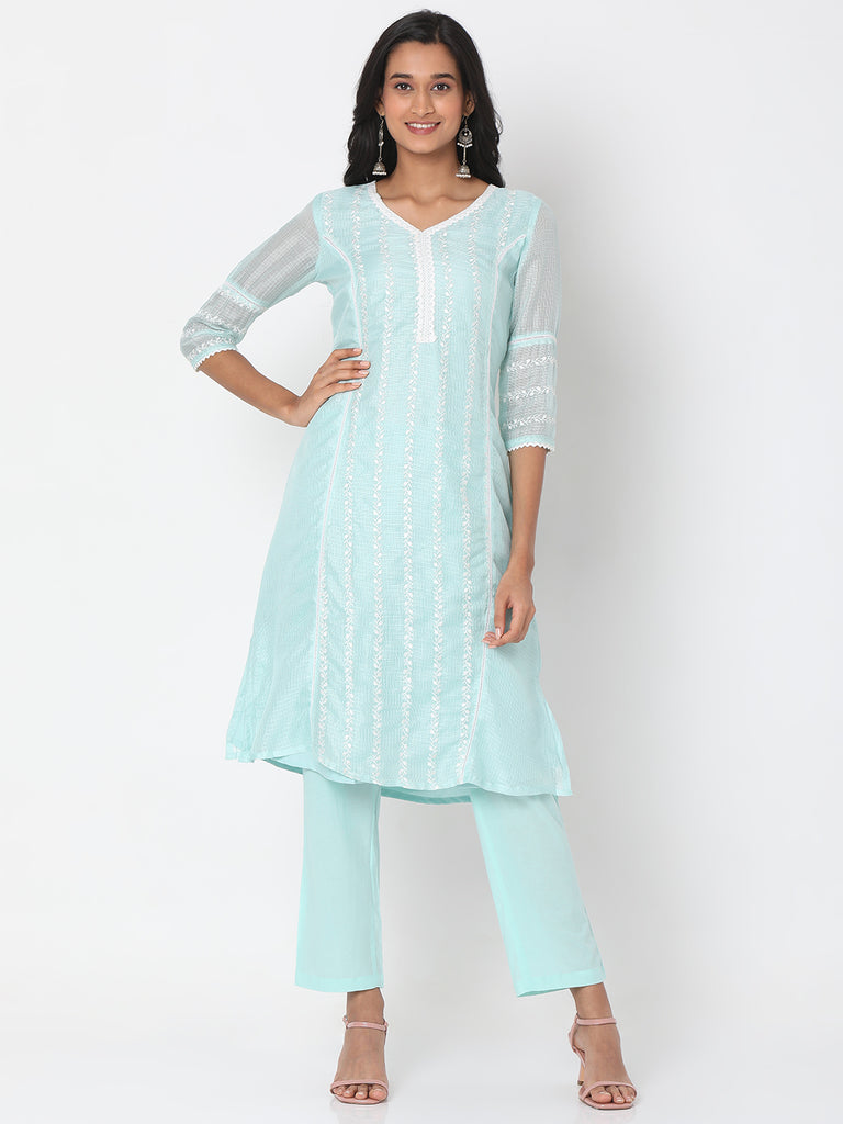 Women's Mint Green Polyester Kota Dori Embroidered Kurta
