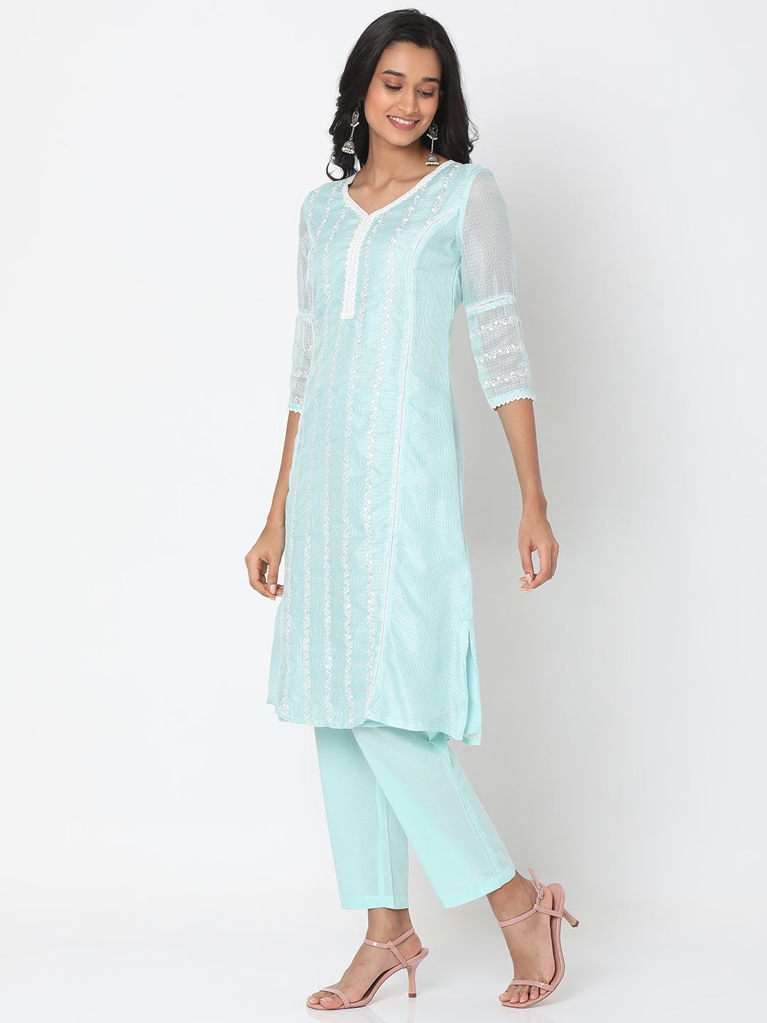 Women's Mint Green Polyester Kota Dori Embroidered Kurta