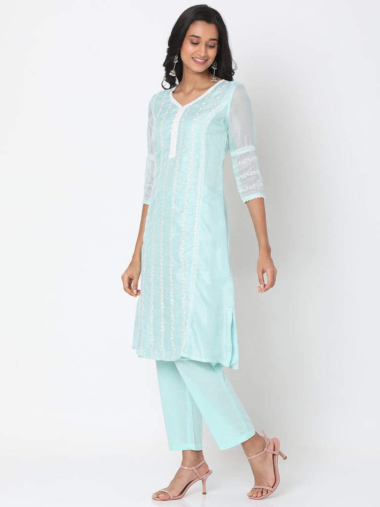 Women's Mint Green Polyester Kota Dori Embroidered Kurta