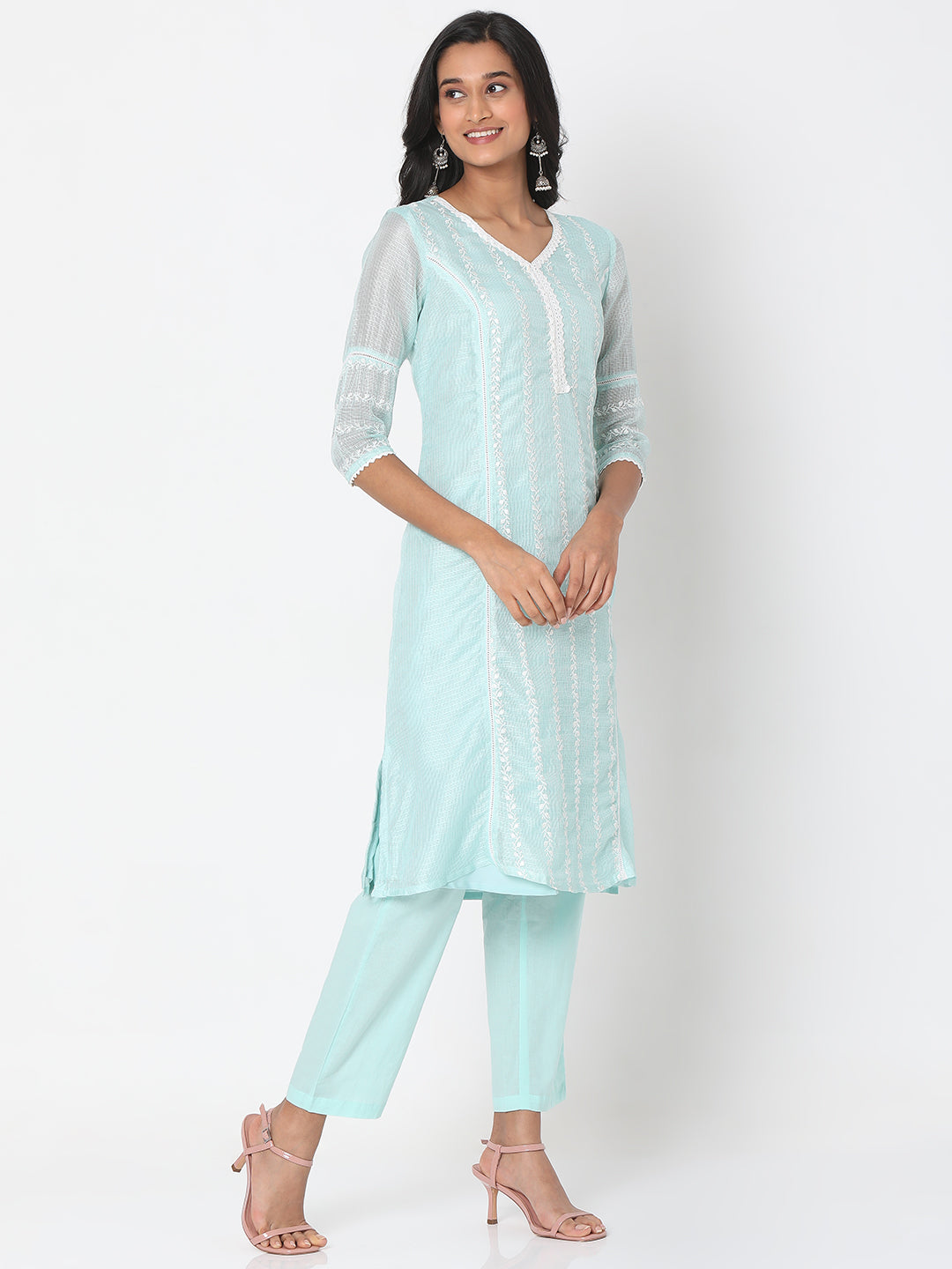 Women's Mint Green Polyester Kota Dori Embroidered Kurta