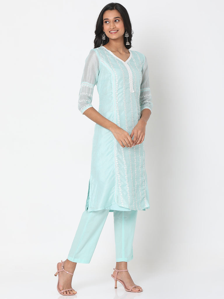 Women's Mint Green Polyester Kota Dori Embroidered Kurta