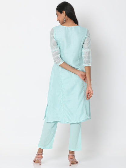 Women's Mint Green Polyester Kota Dori Embroidered Kurta