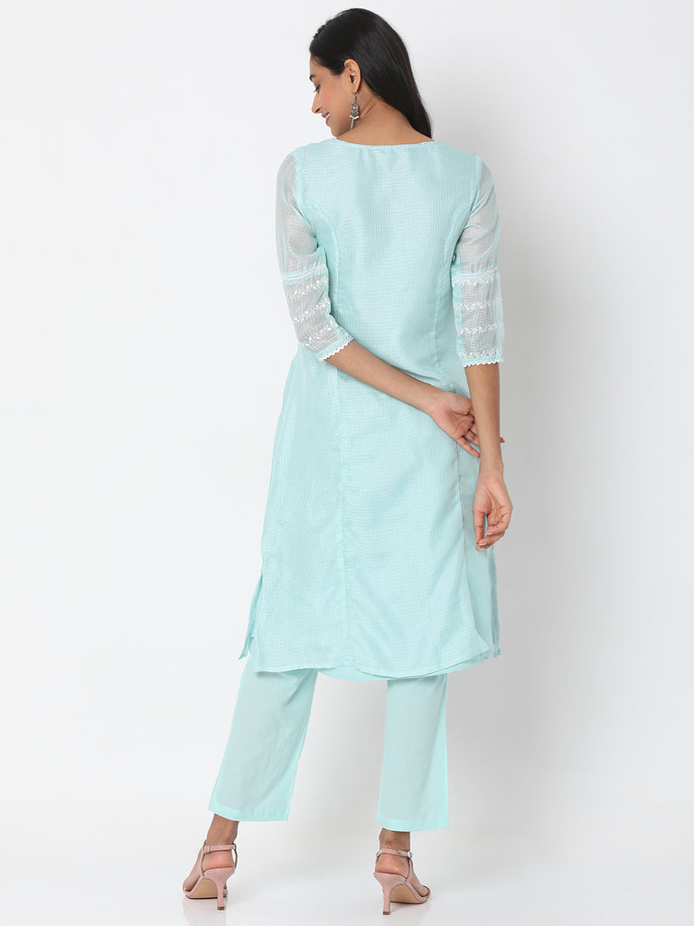 Women's Mint Green Polyester Kota Dori Embroidered Kurta
