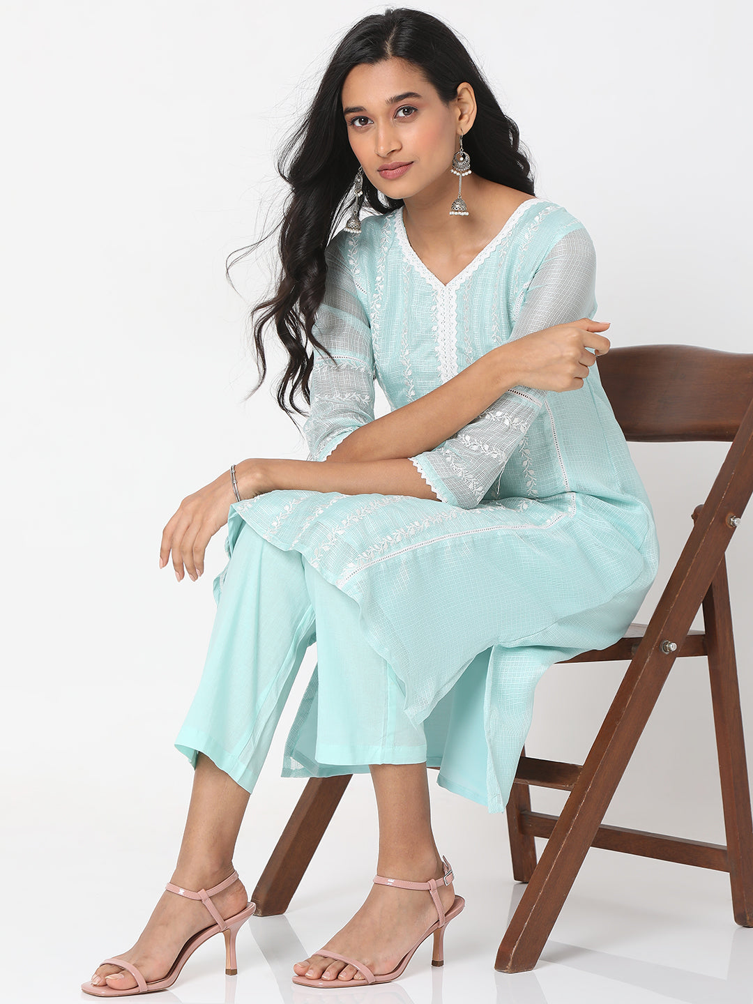 Women's Mint Green Polyester Kota Dori Embroidered Kurta