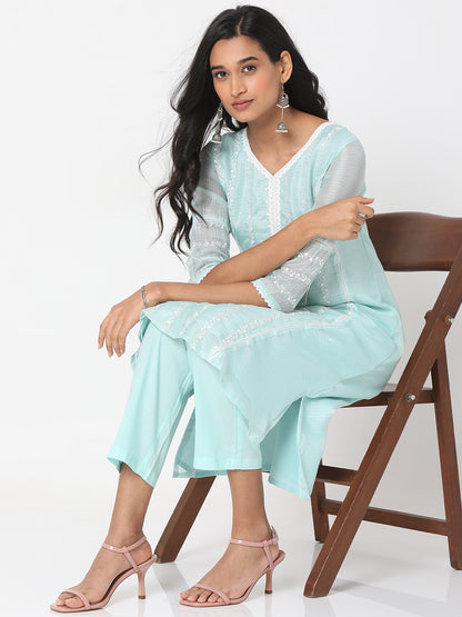 Women's Mint Green Polyester Kota Dori Embroidered Kurta
