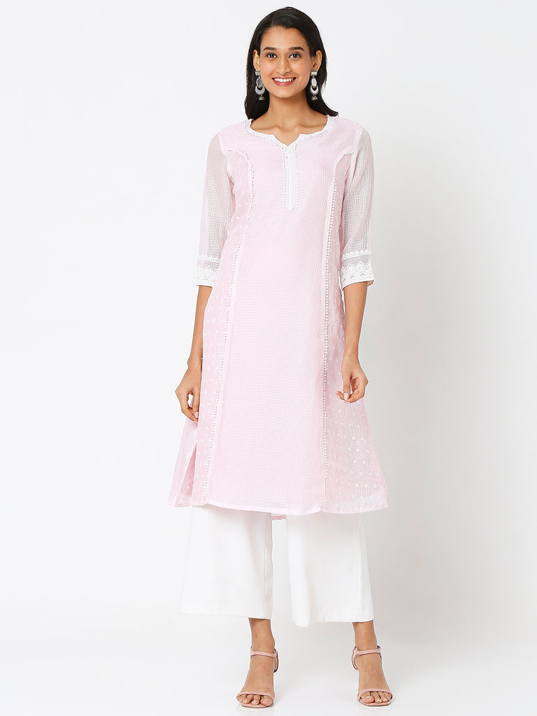 Women's Baby Pink Polyester Kota Dori Embroidered Kurta