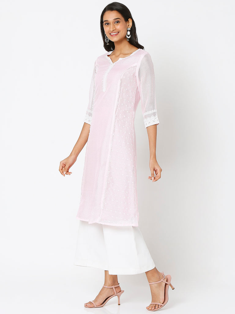 Women's Baby Pink Polyester Kota Dori Embroidered Kurta