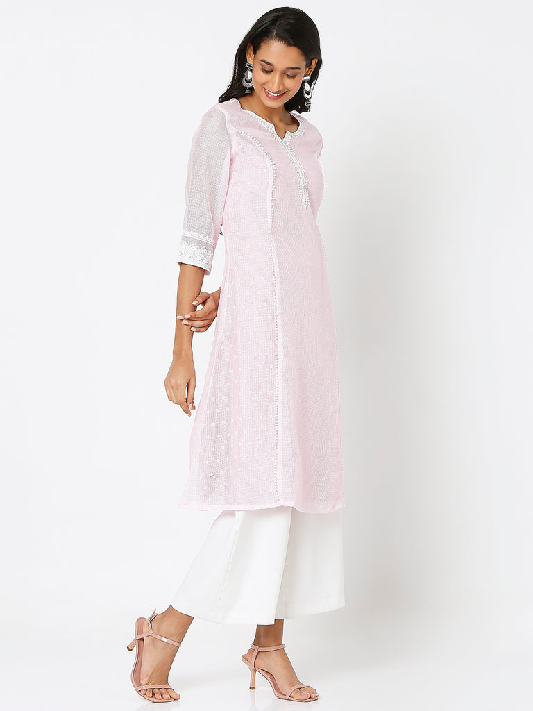 Women's Baby Pink Polyester Kota Dori Embroidered Kurta