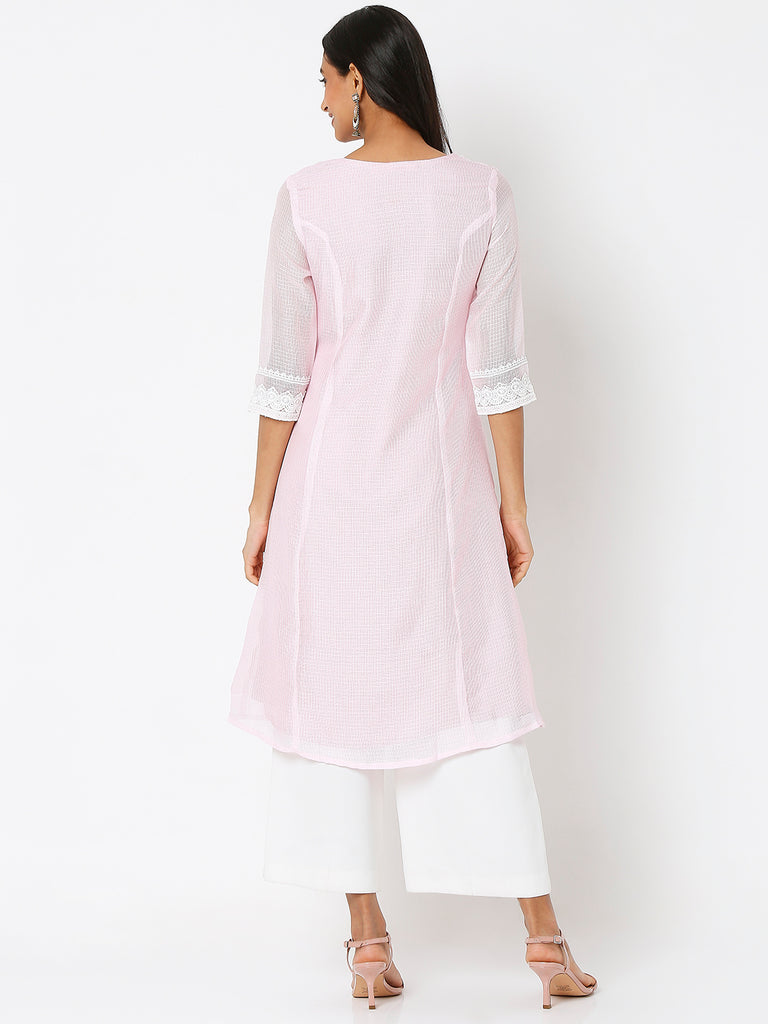 Women's Baby Pink Polyester Kota Dori Embroidered Kurta