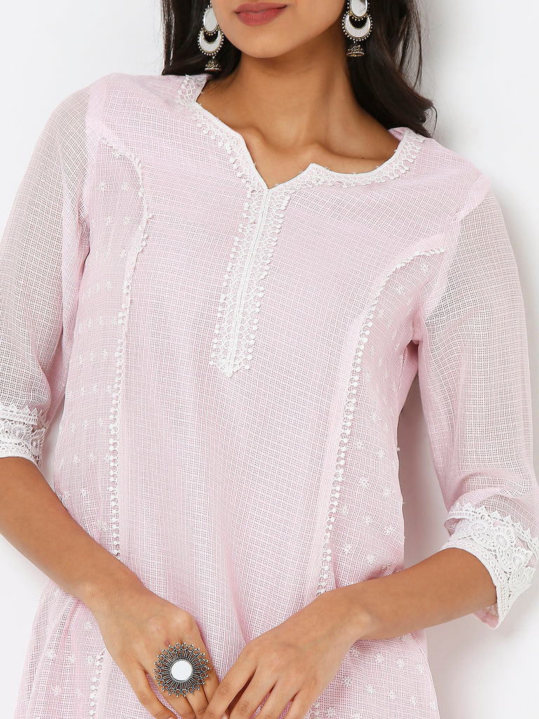 Women's Baby Pink Polyester Kota Dori Embroidered Kurta