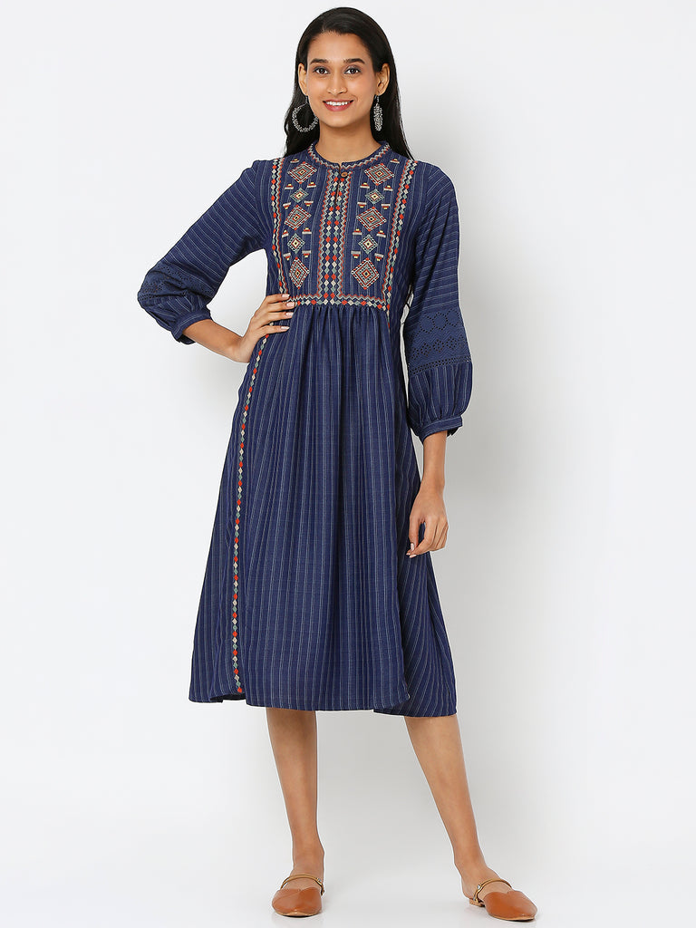 Women's Indigo Cotton Slub Embroidered Dress