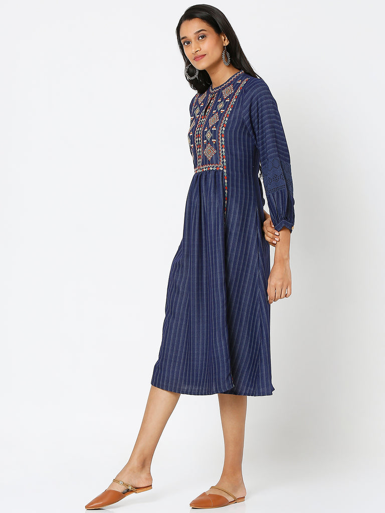 Women's Indigo Cotton Slub Embroidered Dress