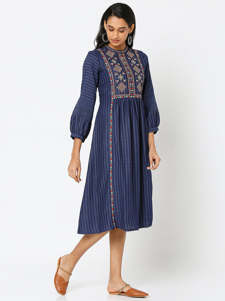 Women's Indigo Cotton Slub Embroidered Dress