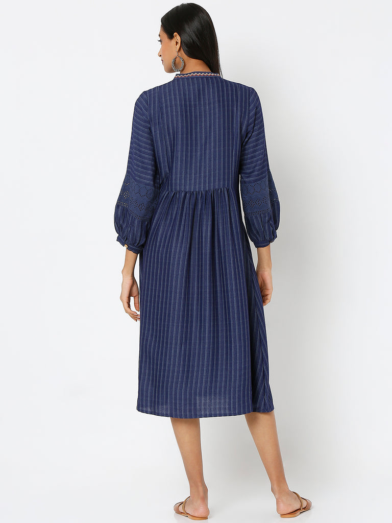Women's Indigo Cotton Slub Embroidered Dress