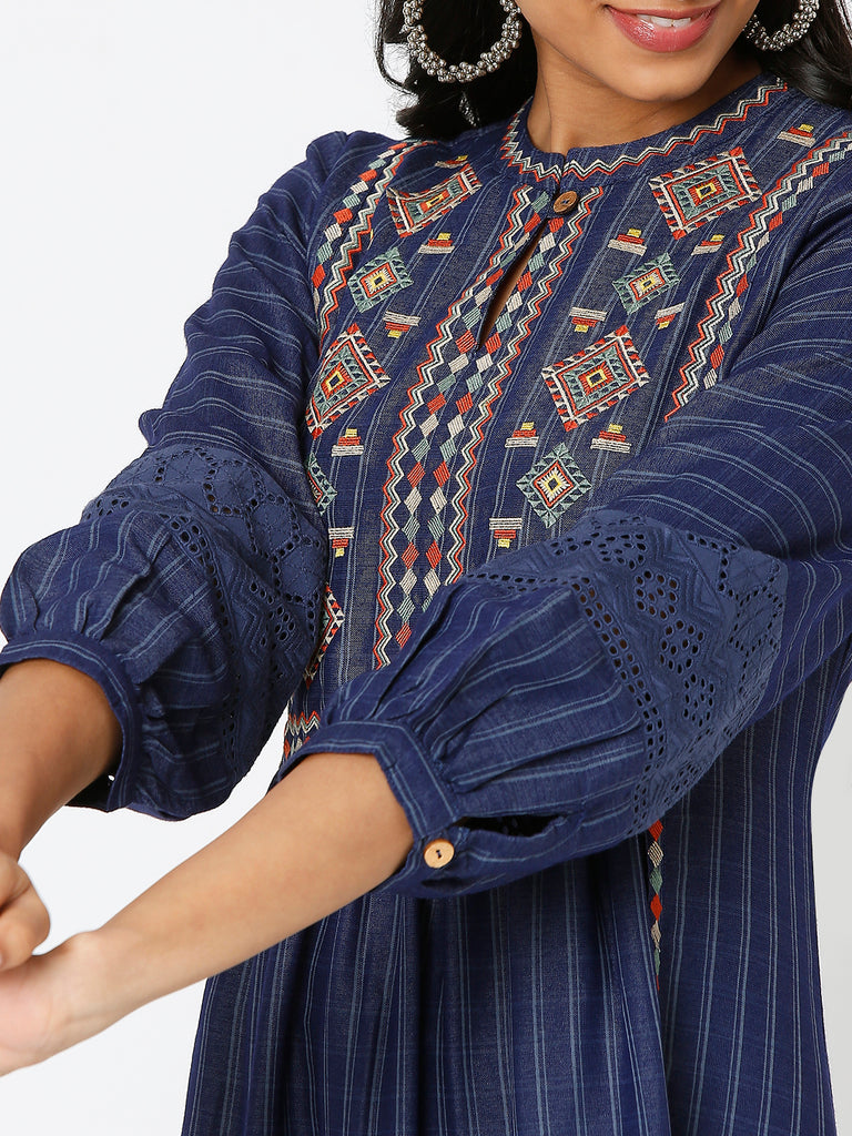 Women's Indigo Cotton Slub Embroidered Dress