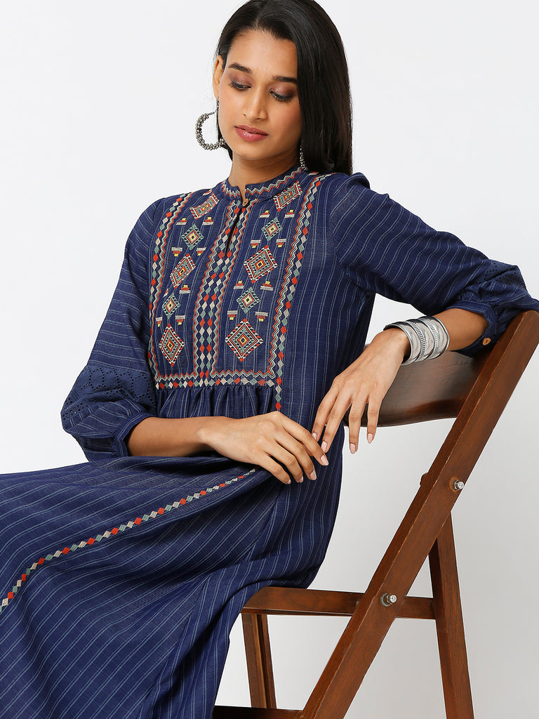 Women's Indigo Cotton Slub Embroidered Dress