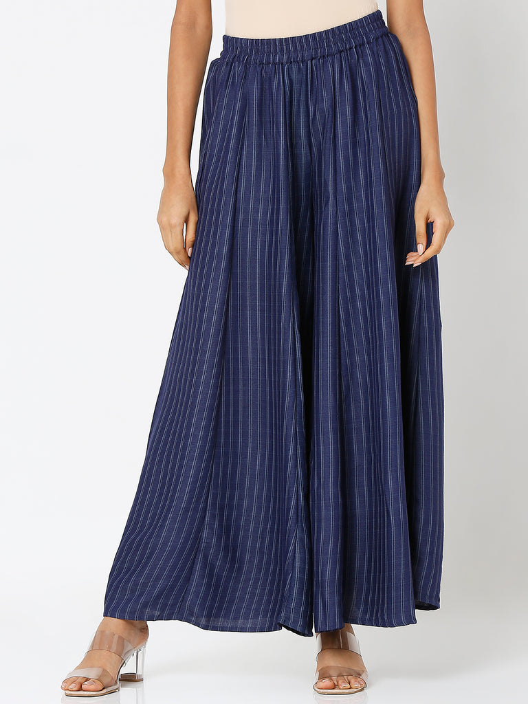 Women's Indigo Cotton Slub Solid Palazzo