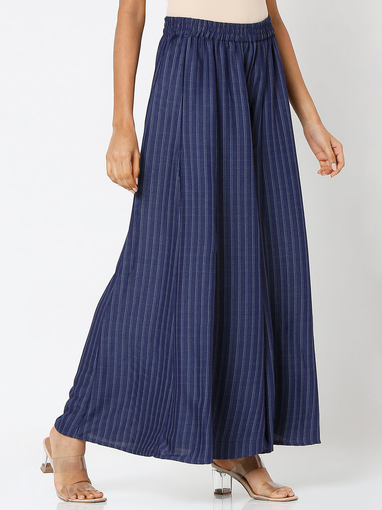 Women's Indigo Cotton Slub Solid Palazzo