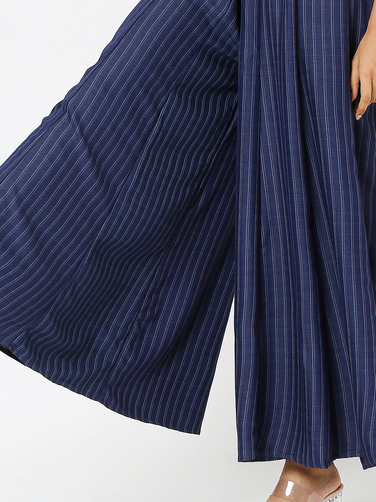 Women's Indigo Cotton Slub Solid Palazzo