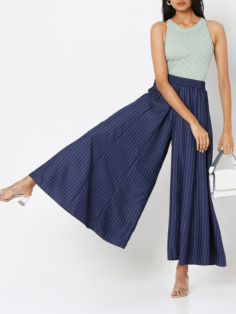 Women's Indigo Cotton Slub Solid Palazzo