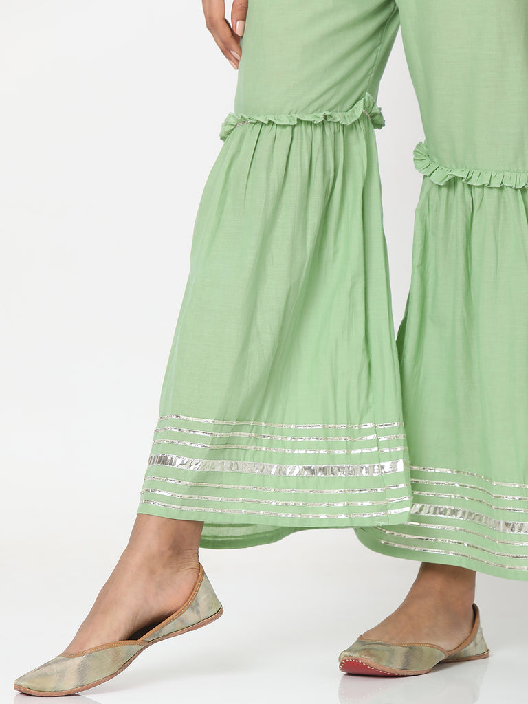 Women's Pista Green Poly Georgette Embroidered Kurta & Palazzo Sets
