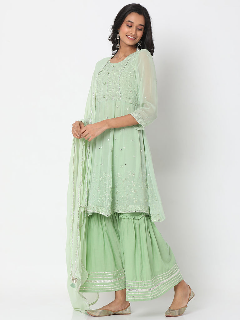 Women's Pista Green Poly Georgette Embroidered Kurta & Palazzo Sets