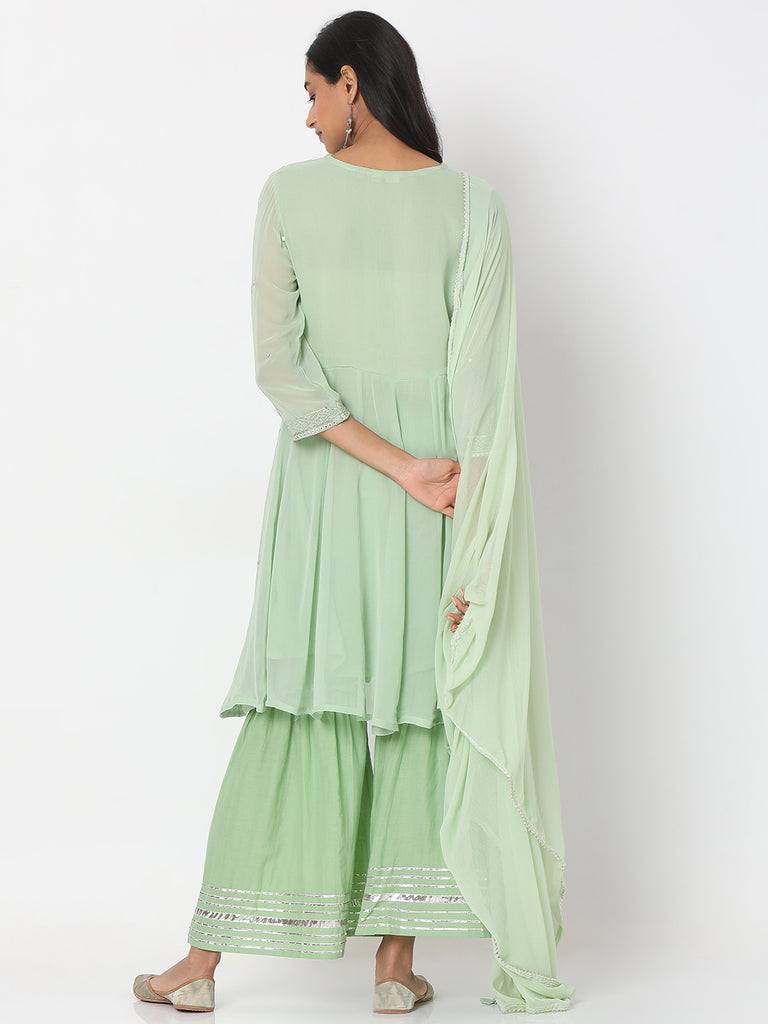Women's Pista Green Poly Georgette Embroidered Kurta & Palazzo Sets