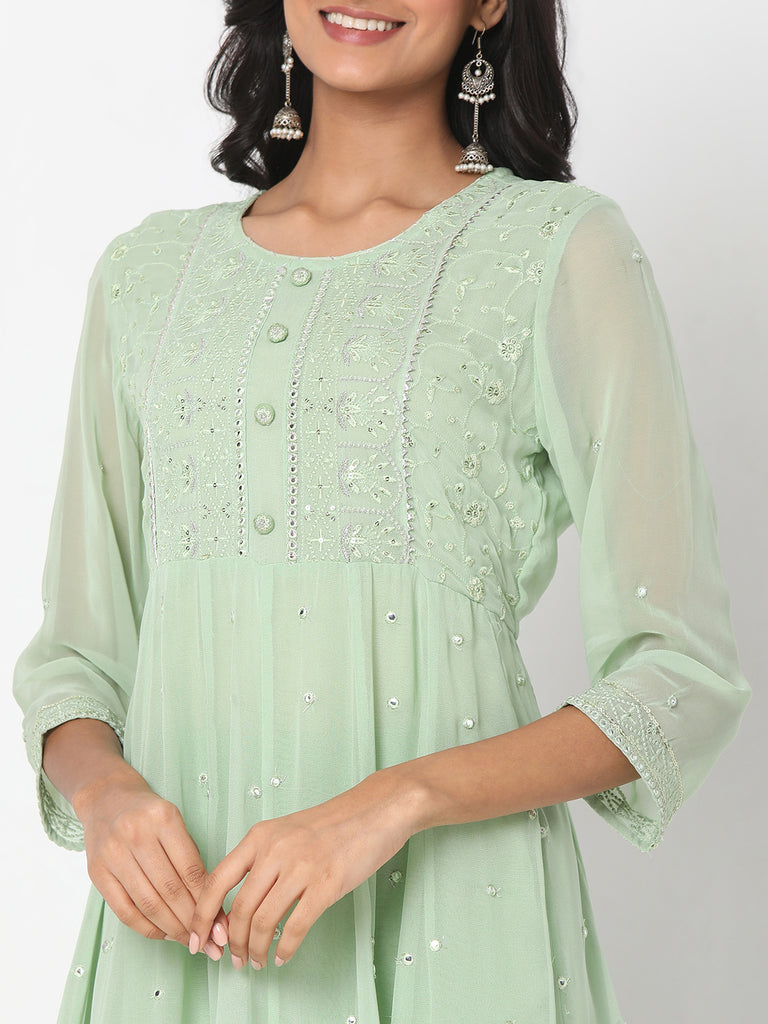 Women's Pista Green Poly Georgette Embroidered Kurta & Palazzo Sets