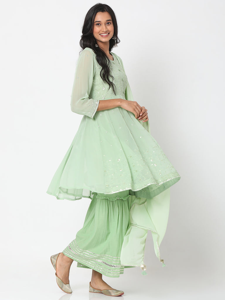 Women's Pista Green Poly Georgette Embroidered Kurta & Palazzo Sets