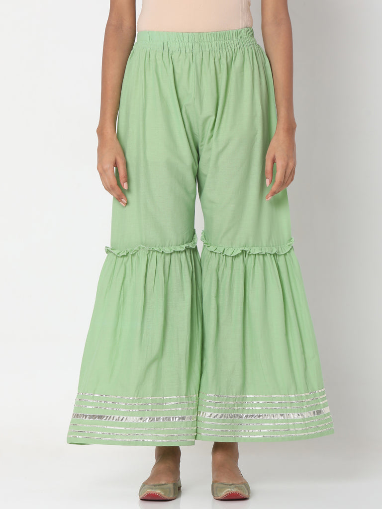 Women's Pista Green Poly Georgette Embroidered Kurta & Palazzo Sets