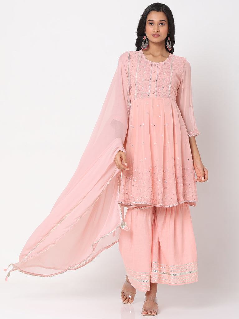 Women's Rose Pink Poly Georgette Embroidered Kurta & Palazzo Sets