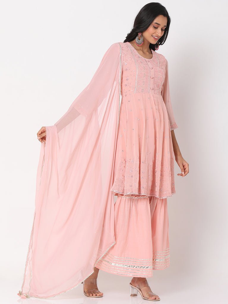 Women's Rose Pink Poly Georgette Embroidered Kurta & Palazzo Sets