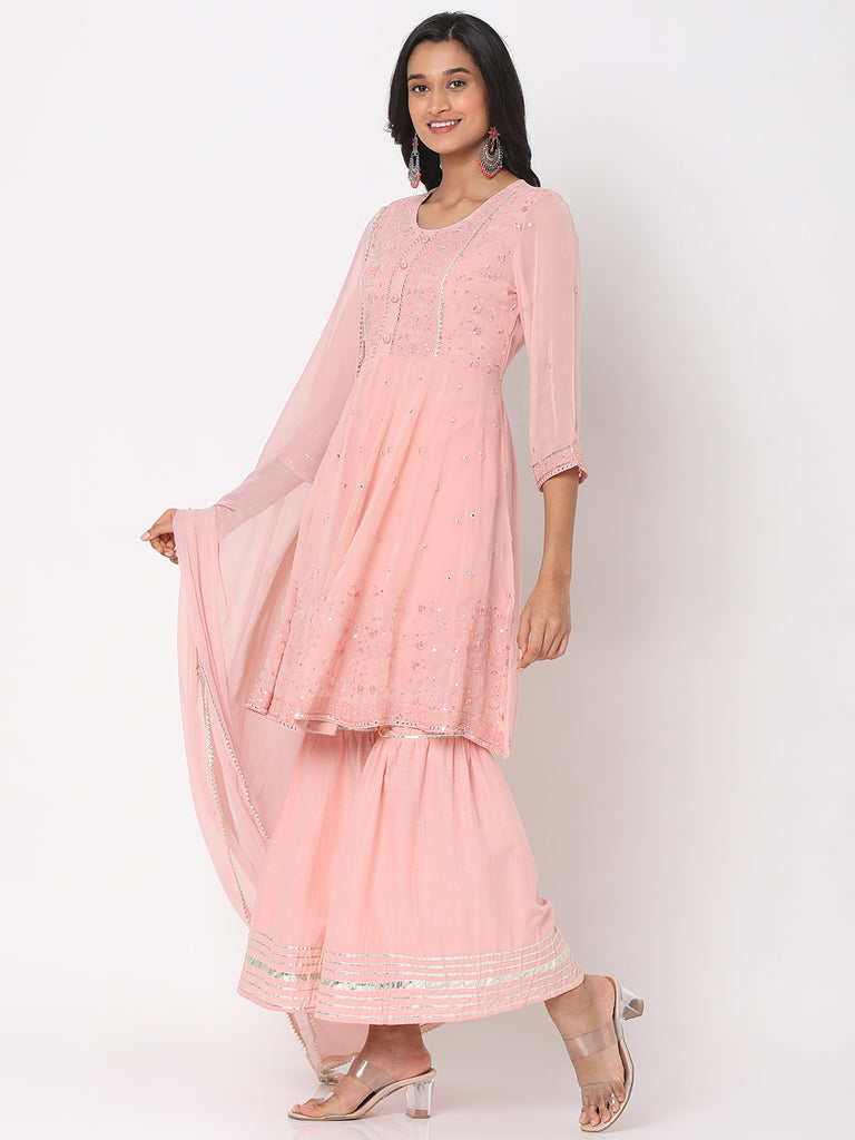 Women's Rose Pink Poly Georgette Embroidered Kurta & Palazzo Sets