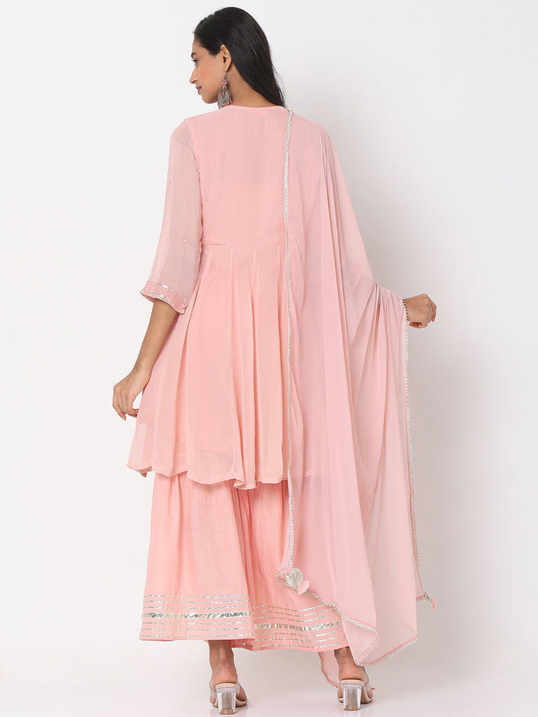 Women's Rose Pink Poly Georgette Embroidered Kurta & Palazzo Sets