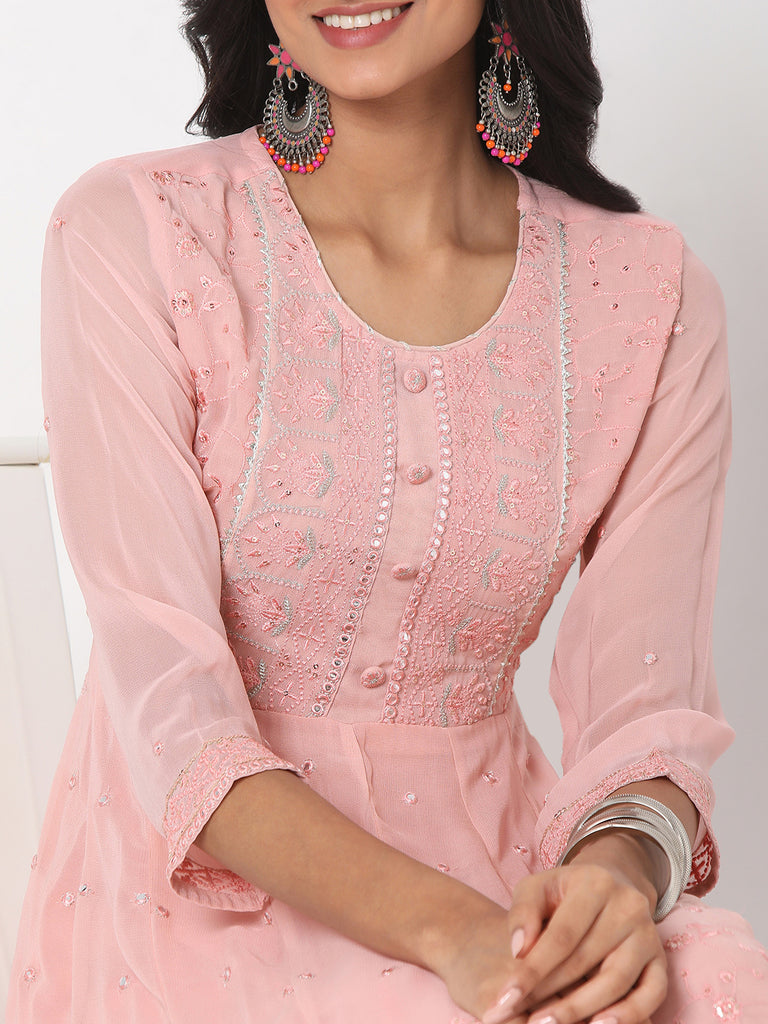 Women's Rose Pink Poly Georgette Embroidered Kurta & Palazzo Sets