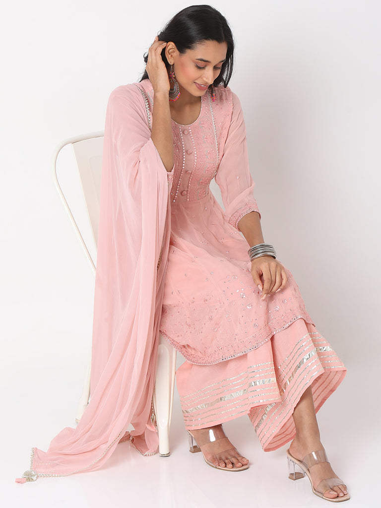 Women's Rose Pink Poly Georgette Embroidered Kurta & Palazzo Sets