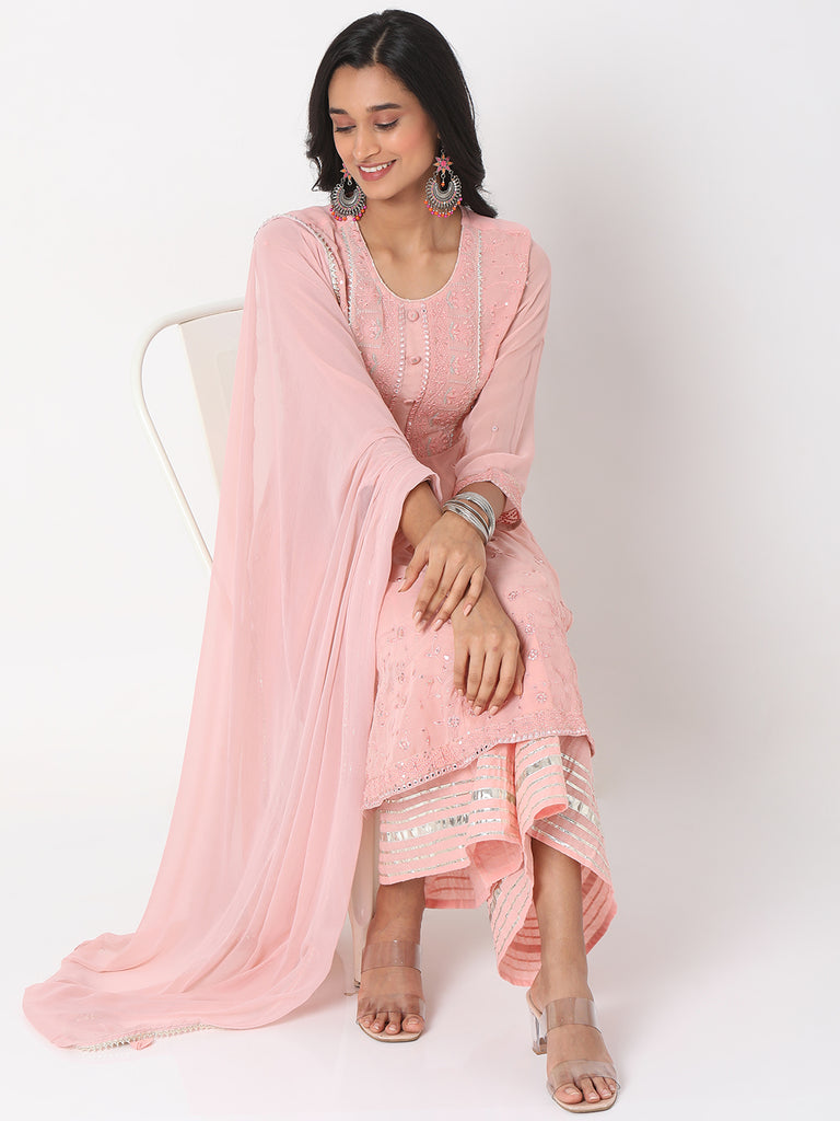 Women's Rose Pink Poly Georgette Embroidered Kurta & Palazzo Sets