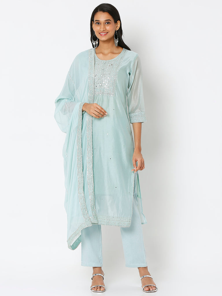 Women's Light Blue Polyester Chanderi Embroidered Kurta & Palazzo Sets