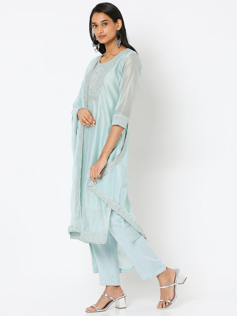 Women's Light Blue Polyester Chanderi Embroidered Kurta & Palazzo Sets