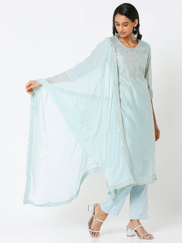 Women's Light Blue Polyester Chanderi Embroidered Kurta & Palazzo Sets