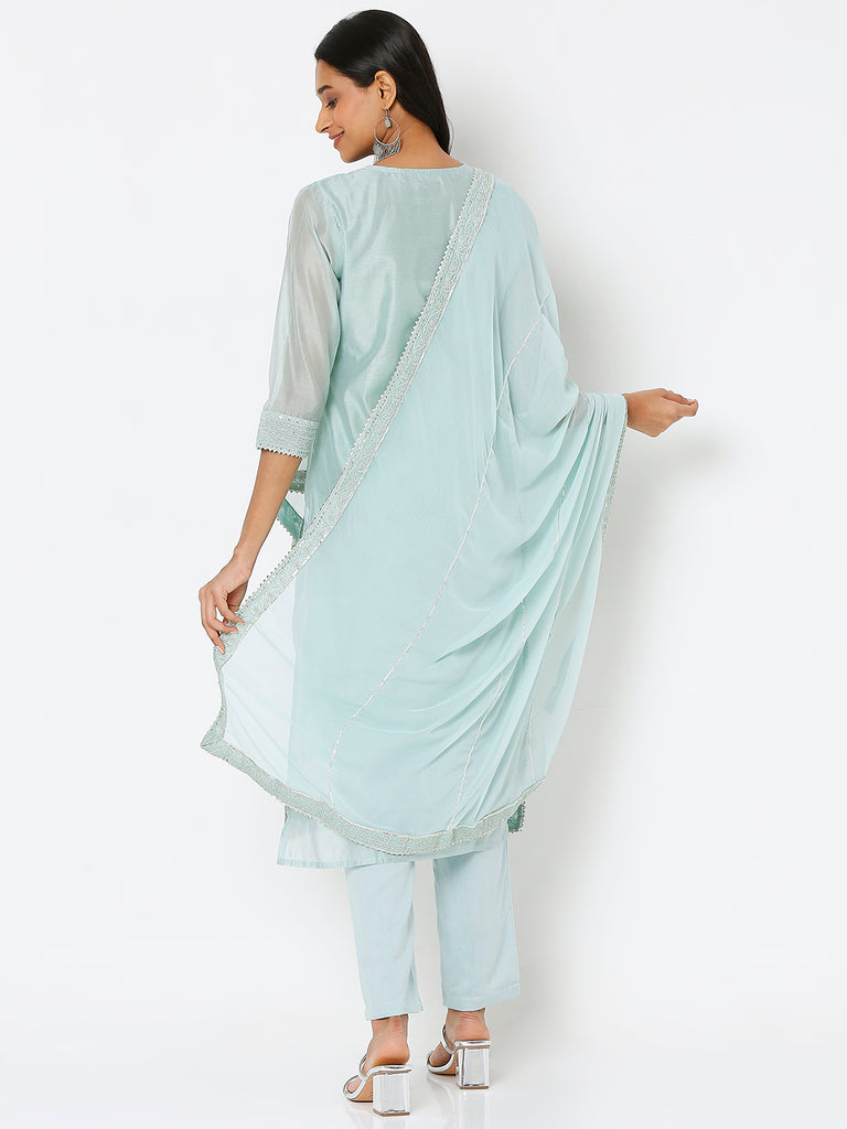 Women's Light Blue Polyester Chanderi Embroidered Kurta & Palazzo Sets